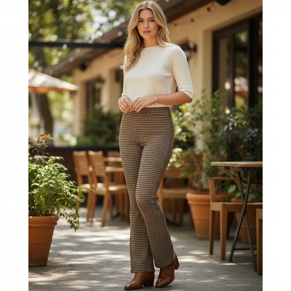 Ambiance Womens Brown Sz Large‎ Retra Pants Houndstooth Wide Leg Boho Groovy...